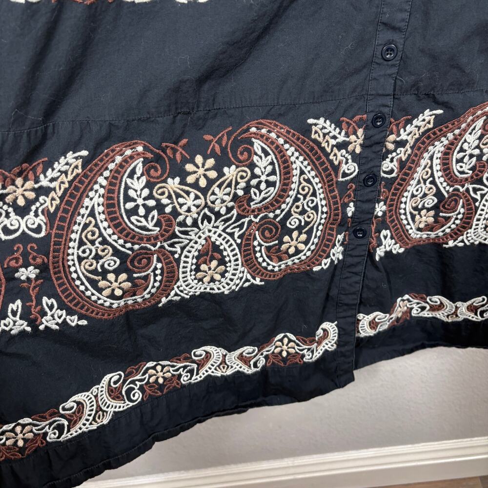 By Anthropologie Large Shirt Swing Midi Dress Black Cotton Embroidered Paisley - Picture 6 of 9